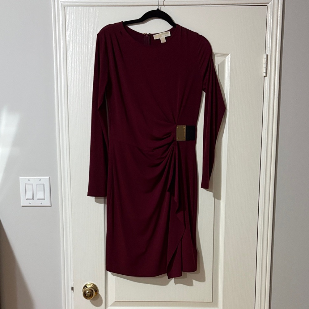 MICHAEL Michael Kors Burgundy Long Sleeve Dress with Gold Buckle